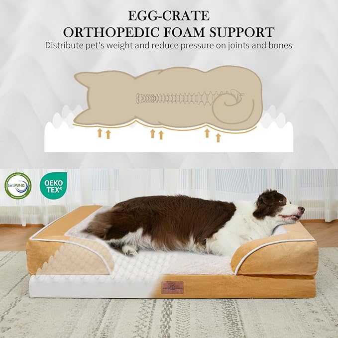 Comfort Expression Orthopedic Dog Bed for Extra Large Dogs 45x35 Inch, Waterproof Supportive Egg Crate Foam XL Pet Bed with Removable Bolsters, Dog Couch with Washable Cover & Non-Slip Bottom, Caramel