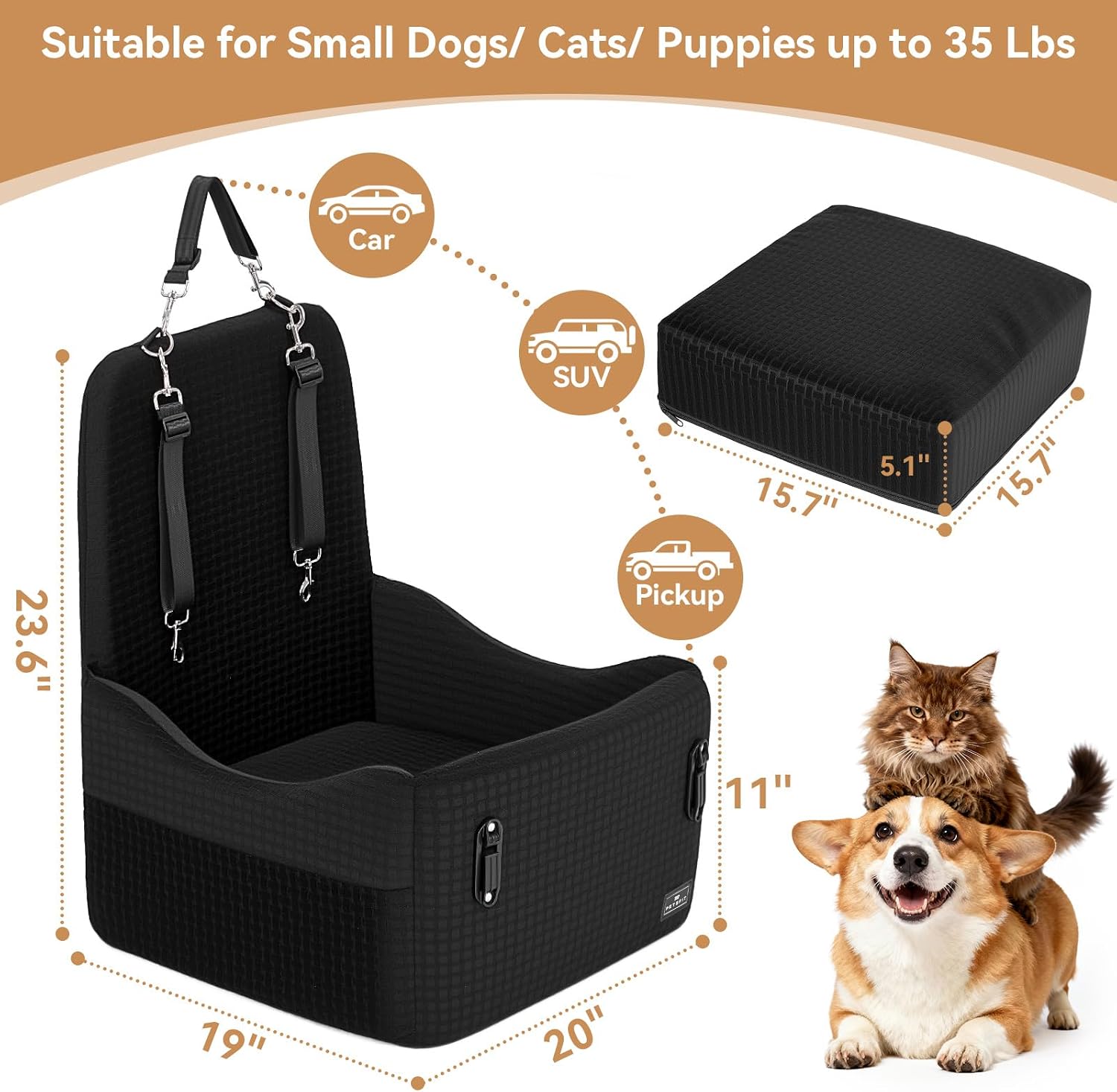 PETSFIT Dog Car Seat with Patented Safety System, 5" Elevated Cushion | Fully Detachable Washable Cover, Memory Foam Dog Booster Car Seat for Small/Medium Dogs Up to 35 Lbs with Safety Belt