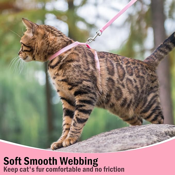 PUPTECK Adjustable Cat Harness and Leash Set Escape Proof Kitten Strap Collar for Walking Travel, Light Pink