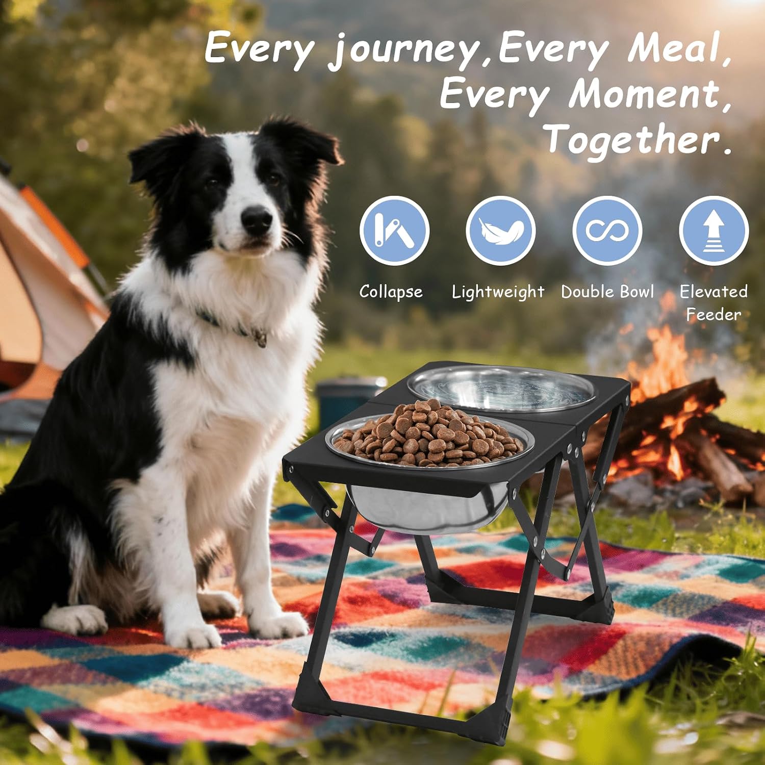 Foldable Elevated Dog Bowl Holder with 2 Large 58oz Stainless Steel Bowls, 10.2" Tall Raised Dog Bowl Stand for Medium/Large Breeds with Silicone Mat, Indoor and Outdoor Use