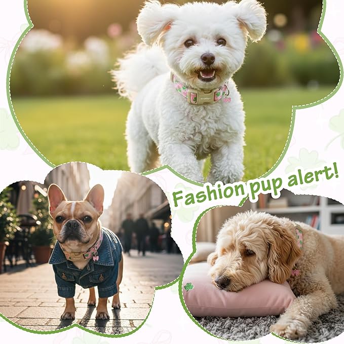 St. Patrick's Day Dog Collar,Pink Bow with Green Clover Puppy Collar,Adjustable Spring Cotton Collars Gifts for Small Medium Large Dogs,Dog Accessories XS