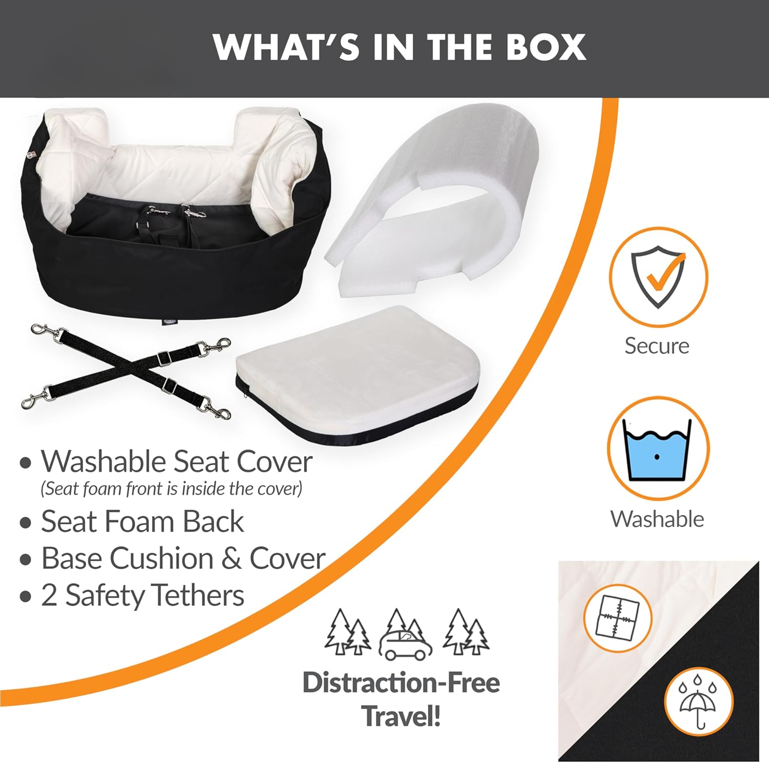 K&H Dog Car Seat, Bucket Booster for Small to Medium Pets, L Black/Cream | Collapsible Dog Car Seats for Small Dogs. Seat Belt Secured, 2 Safety Leashes, Washable Covers