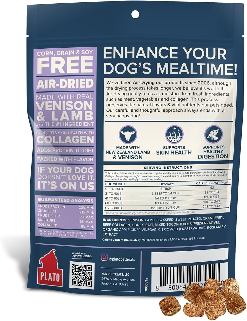 Plato Pet Treats Dog Food Toppers - Air-Dried Dog Food Toppers for Dry Food - with Collagen to Support Skin and Coat Health - Venison, Lamb and Collagen Recipe 5.5oz - Discontinued