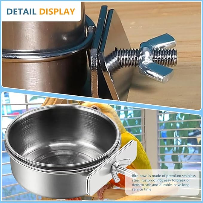 2Pcs Stainless Steel Bird Feeding Bowls, Small Bird Feeding Cup, Stainless Steel Parrot Food Bowl Cage with Holder, Parrot Cage Water Feeder, Pet Cage Cup Holder (Dia 4.72", 5.51",)