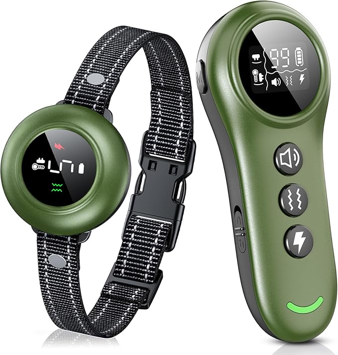 2-in-1 Dog Shock Collar & Dog Bark Collar - Smart Anti Barking Dog Training Collar with 5 Adjustable Sensitivity & 3300FT Remote for All Breeds IP67 Waterproof Rechargeable E-Collar (Green)