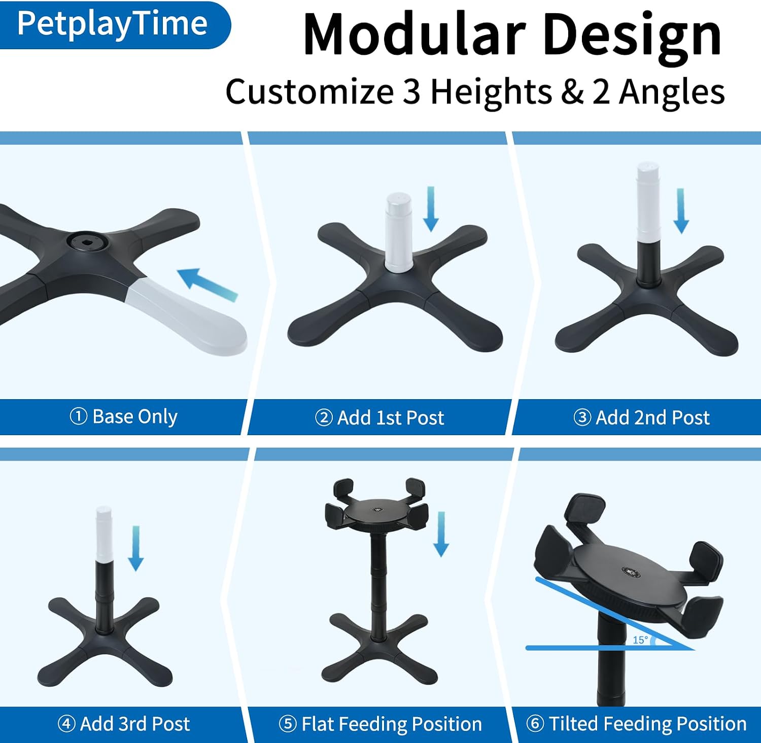 Elevated Dog Bowl Stand, 4 Adjustable Heights (4.3"/7.08"/11.81"/15.35") Raised Dog Food Bowl Holder with Tilted Anti-Slip Base, Ergonomic Pet Feeder Stand for Small Medium Large Dogs & Cats