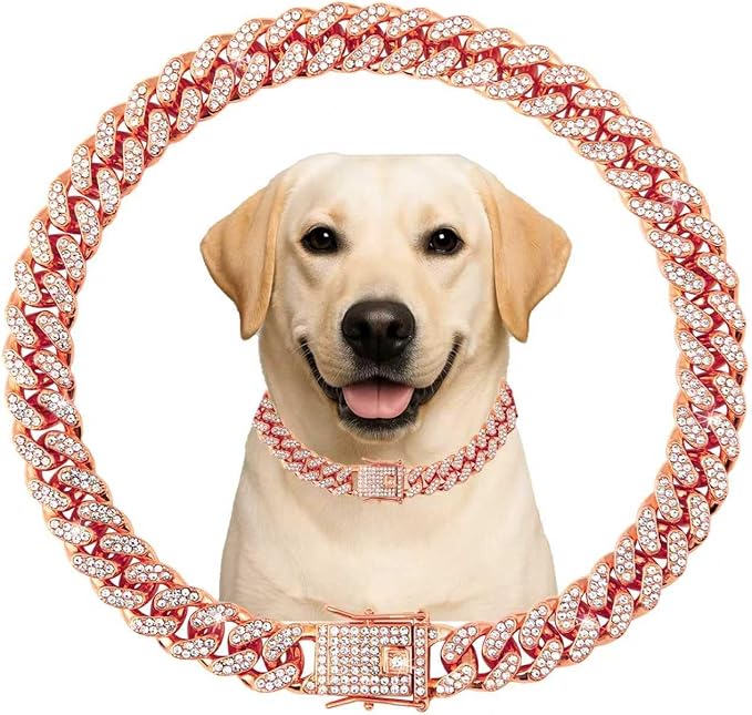 Dog Collar Cuban Link Rose Glod Crystal Dog Necklace Metal Chain Collar with Design Secure Buckle Pet Collar Jewelry Accessories for Small Medium Large Dogs Cats(Rose Glod 16inch)
