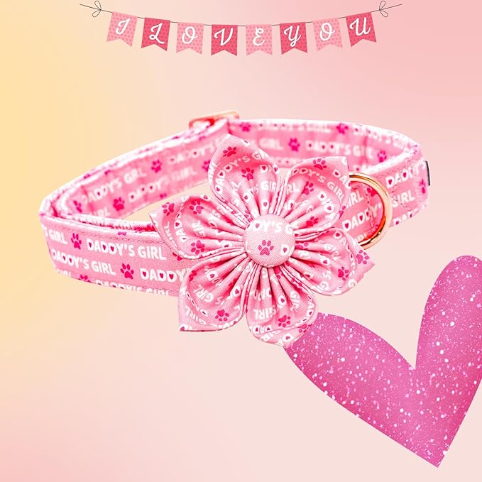 Lionheart glory Valentine's Day Dog Collar with Flower Dog Collars Pink Collars for Medium Dogs, Spring Pet Puppy Collar Flowers