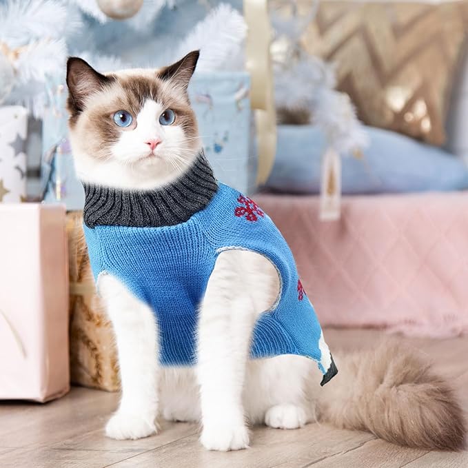 Pet Christmas Dog Sweaters Cute Animal Snowman Printed Puppy Xmas Costumes Winter Warm Turtleneck Jumpers Puppy Knitted Clothes Cat Outfits (XS, Blue Snowman)