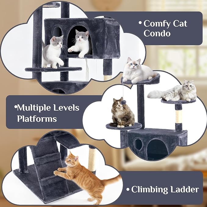 DUMOS 80-inch Indoor Cat Tree Tower –Multi-Level Pet House for Large Cats with 2 Condos, Scratching Posts, Round Platform, Small Ladder, and Toys, Grey