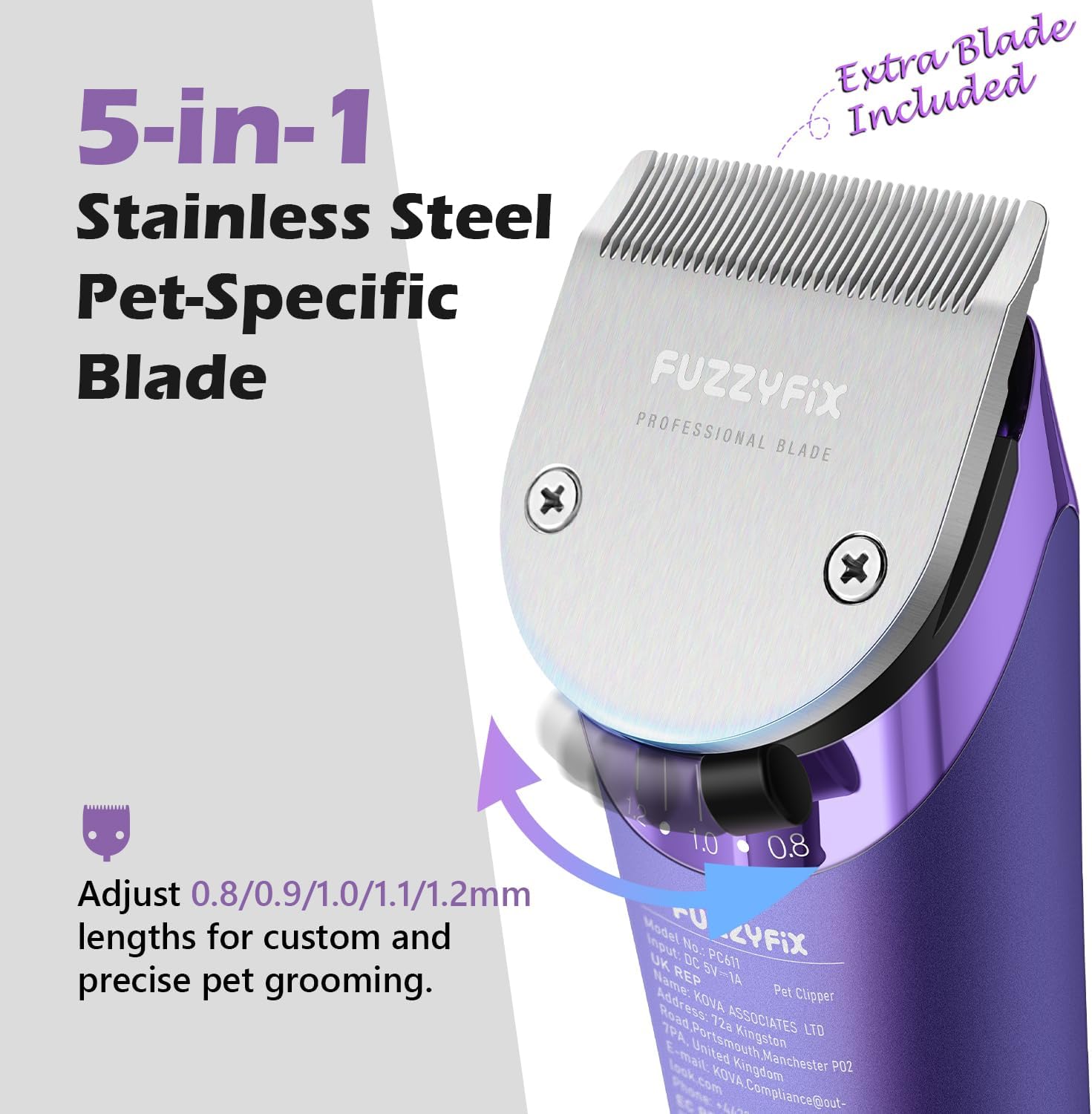 Professional Dog Grooming Clipper with Replacement Blade, 5-in-1 Adjustable Blade Cordless Pet Grooming Kit 2 Speed Rechargeable Trimmer Hair Shaver with Detachable Metal Combs Nova for Animal Horse