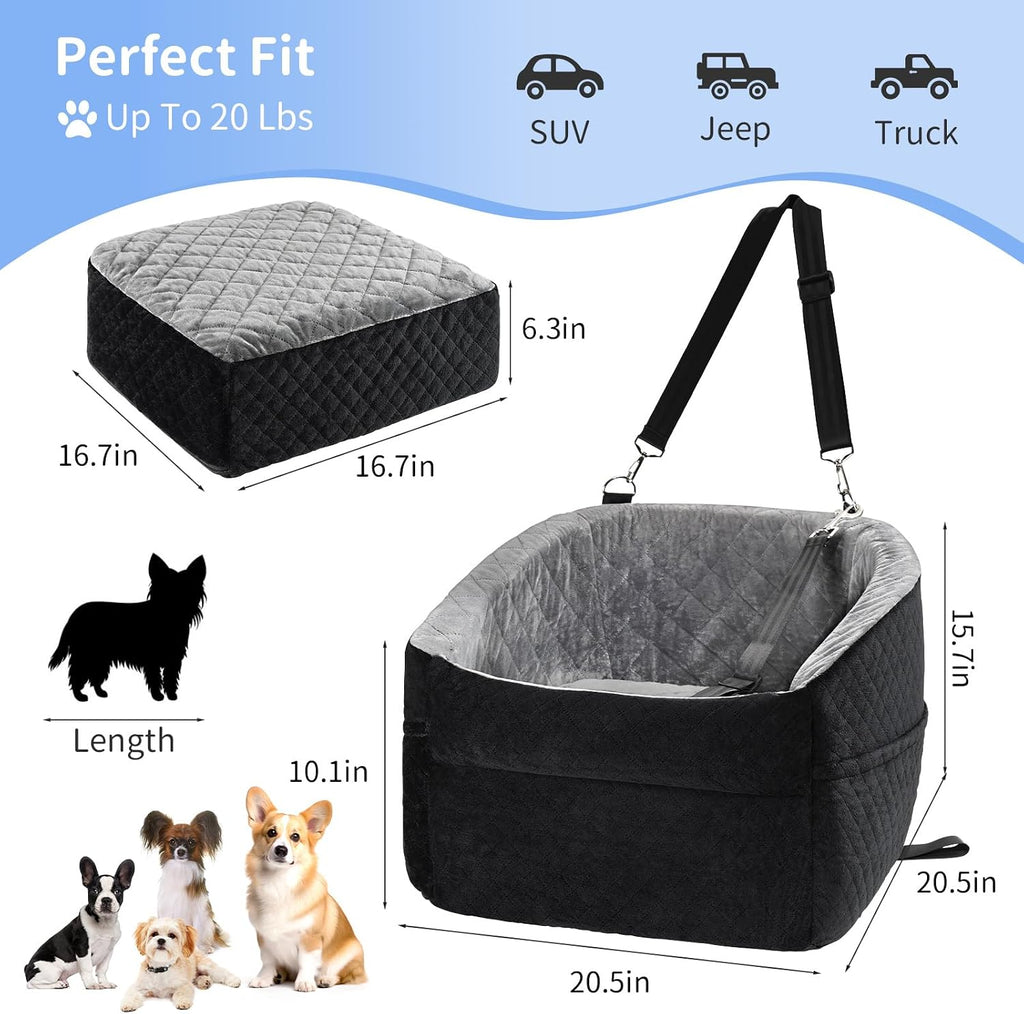 Car Dog Bed - Memory Foam Puppy Car Booster Seat with Safety Leash, Washable, Medium/Small Dogs