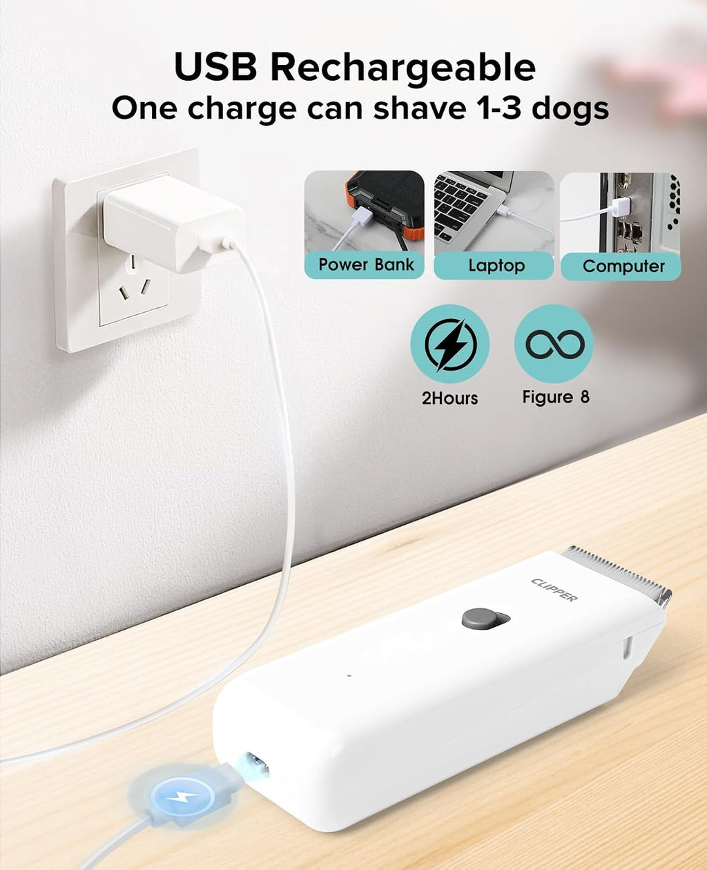 Upgrade Home Professional Dog Grooming Kit Clipper for Matted & Long Hair, Cordless Pet Shaver Low Noise USB Rechargeable for Cats, Small&Medium Dogs, Handy Pet Hair Grooming Trimmer, White