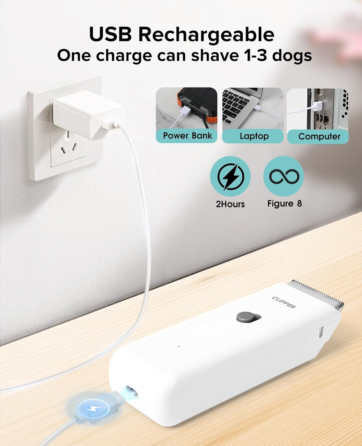 Upgrade Home Professional Dog Grooming Kit Clipper for Matted & Long Hair, Cordless Pet Shaver Low Noise USB Rechargeable for Cats, Small&Medium Dogs, Handy Pet Hair Grooming Trimmer, White