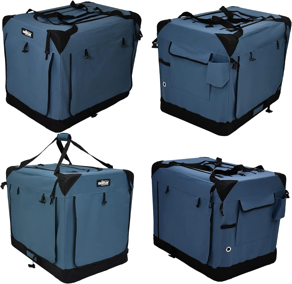 EliteField 4-Door Folding Soft Dog Crate with Curtains (2-Year Warranty) | 4 Mesh Doors, Steel Frame, Removable & Washable Crate and Bed Covers, Storage Pockets, Indoor/Outdoor, Foldable, Carrying Bag