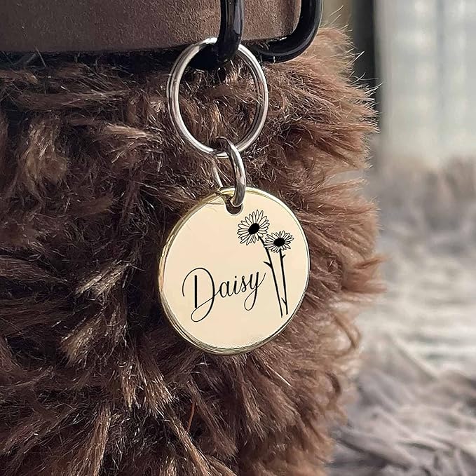Cats Dogs ID Tags Personalized Engraving Birth Flowers Pattern for Custom Pets Collar Accessories Matt Stainless Steel Small Round Name Plate