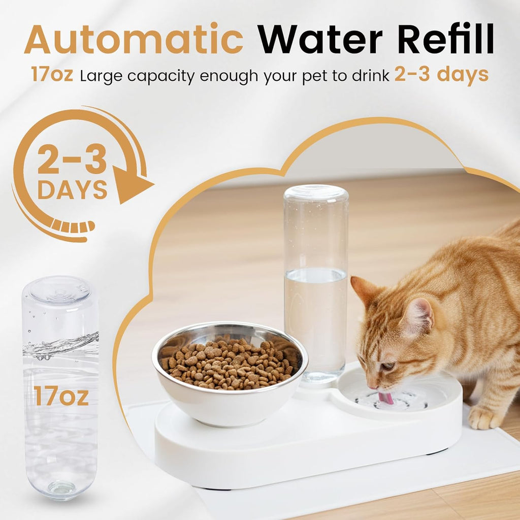 2 in 1 Elevated Dog Cat Bowls, 15°Tilted Pets Water and Food Bowl Set, Pet Feeding Bowls with Automatic Water Bottle and Feeding Mat for Kittens and Small Dogs, White