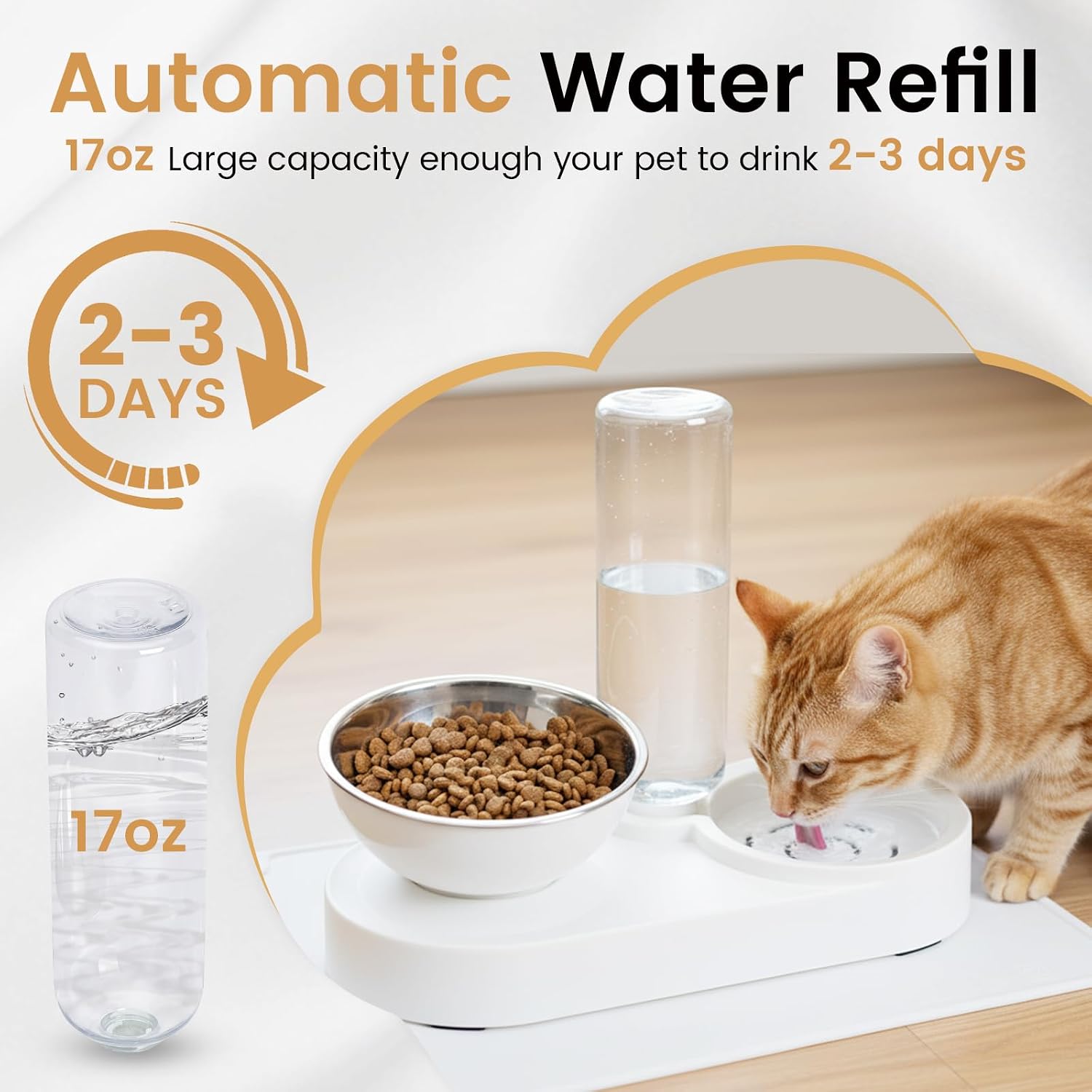 2 in 1 Elevated Dog Cat Bowls, 15°Tilted Pets Water and Food Bowl Set, Pet Feeding Bowls with Automatic Water Bottle and Feeding Mat for Kittens and Small Dogs, White