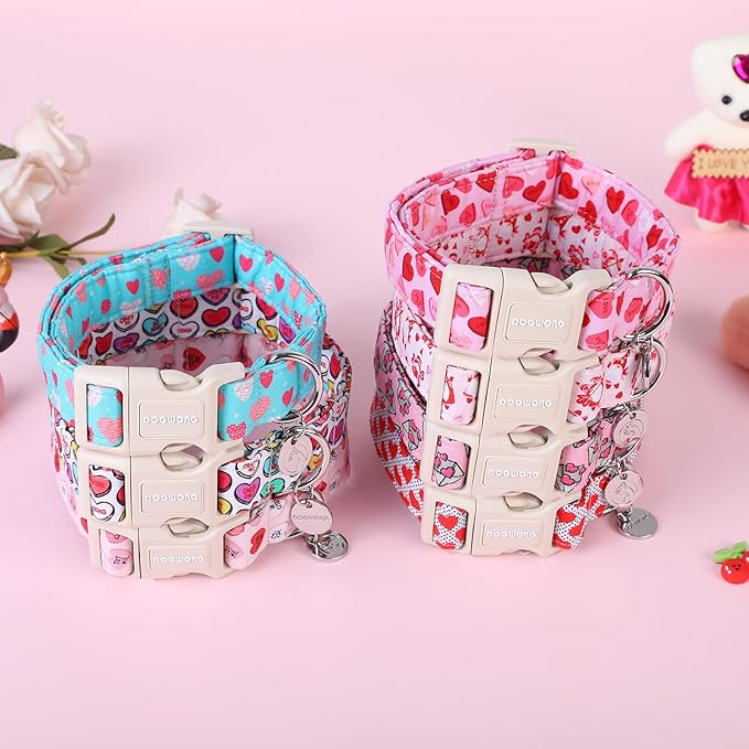 DOGWONG Valentine's Dog Collar - Blue Heart Adjustable Cotton Heart Dog Collar - Perfect for Medium & Large Dogs