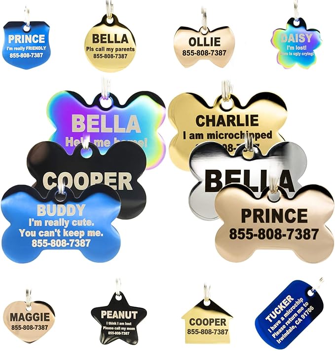 Engraved Dog Tags Personalized - Stainless Steel Engraved Dog Cat ID Tags Front & Back up to 8 Lines of Text Color Plating Gold, Rose Gold, Blue, Black, Nebula by PetANTastic