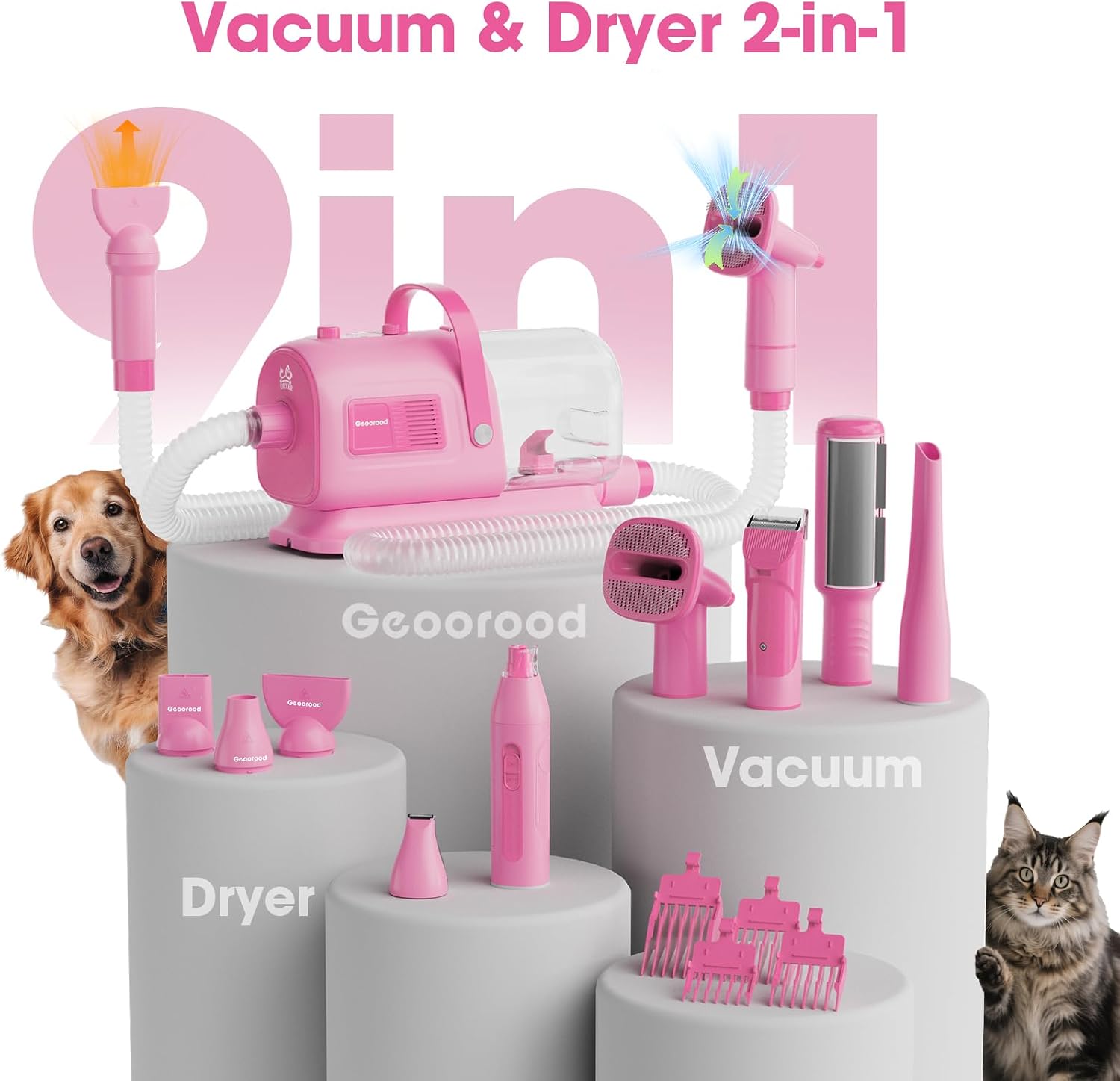Dog Grooming Vacuum and Dryer Kit, Blower for Pet Vacuum Grooming 7 in 1 with Clippers for Dogs Hair Shedding Brush Remover Tools at Home Pink
