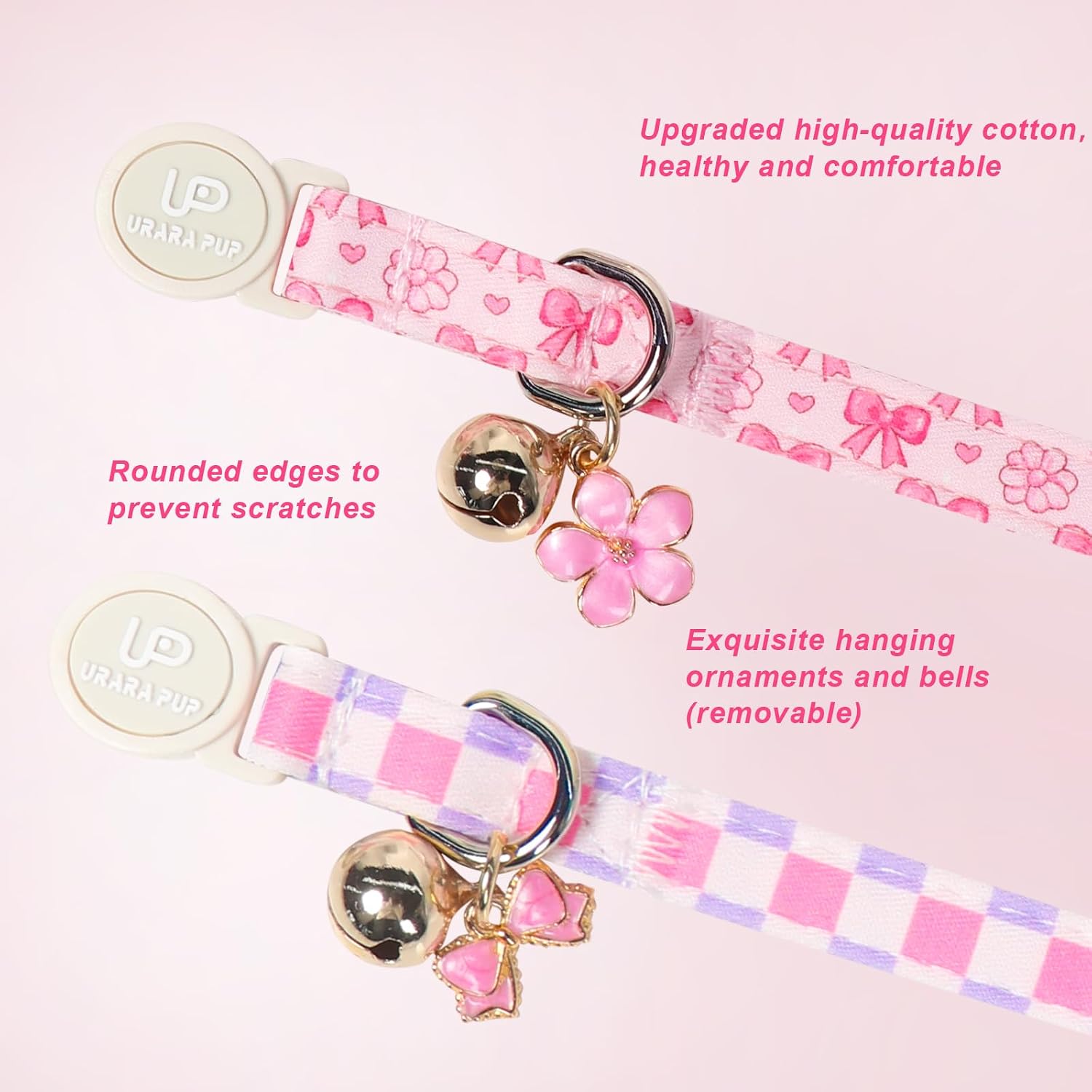 Cat Collar, 2Pack Pink Floral and Purple Plaid Pattern Cats Collars-Cute Summer Breakaway Cat Collar with Bell & Pendant, Pretty Plaid Kitten Collars for Girl & Boy Cats, 7-12Inch