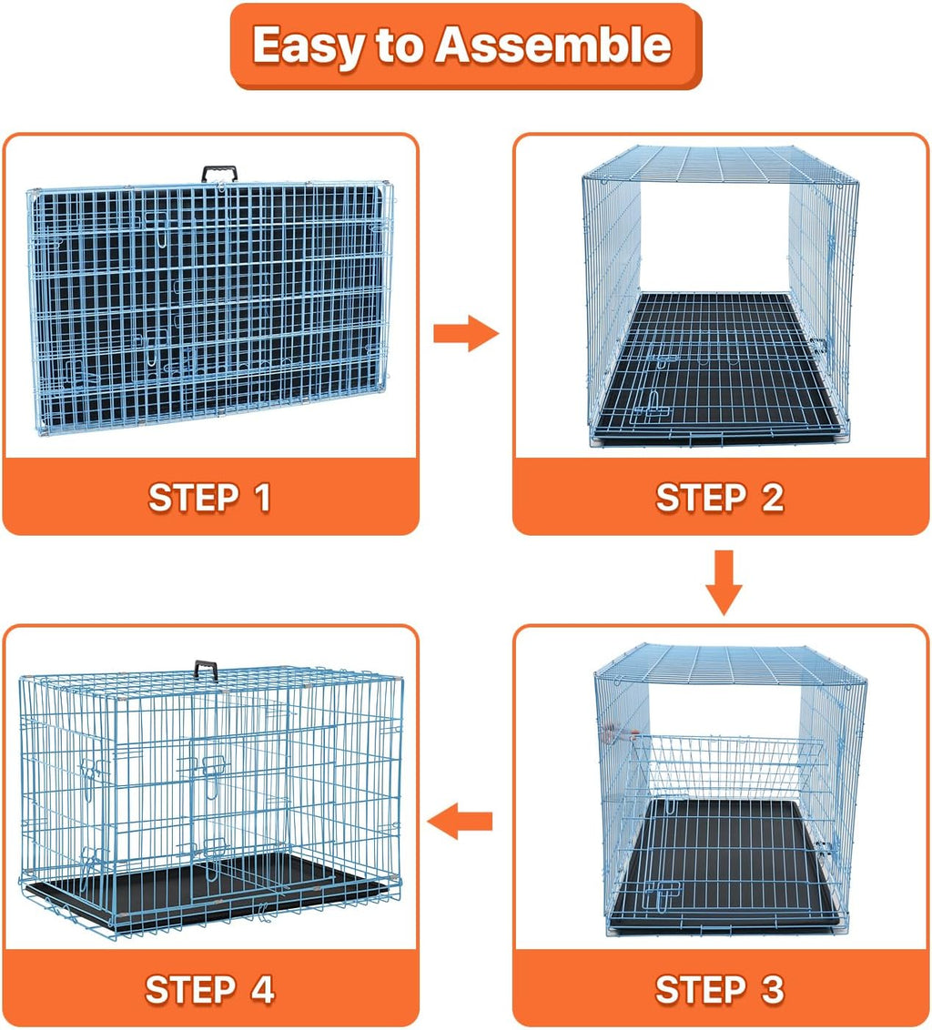 Dog Crate for Large Medium Small Dogs, Folding Dog Kennel Cage with Plastic Tray & Divider 48"/42"/ 36"/ 30"/ 24" Indoor Outdoor Metal Double Door Heavy Duty Dog Pen Enclosure, Blue(36 Inch)