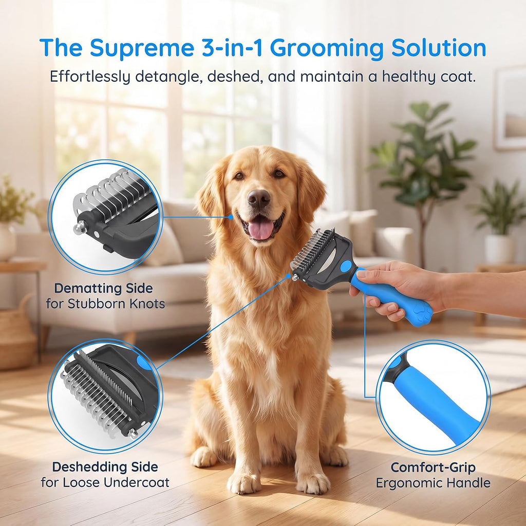 Deshedding Dog Brush，3-in-1 Pet Pro Grooming Tool，Dogs & Cats | Blue Undercoat Rake for Dogs，Ultimate Dematting Comb & Deshedding Brush for Cats and Dogs, Perfect for Shedding & Detangling