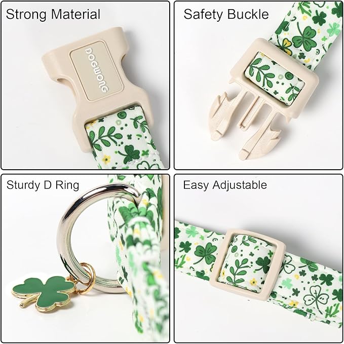 DOGWONG St Patrick's Dog Collar, Green Clover Pet Collar Cotton Holiday Pet Collar Cute Puppy Collar Adjustable Pet Dog Collars for Large Dogs,L