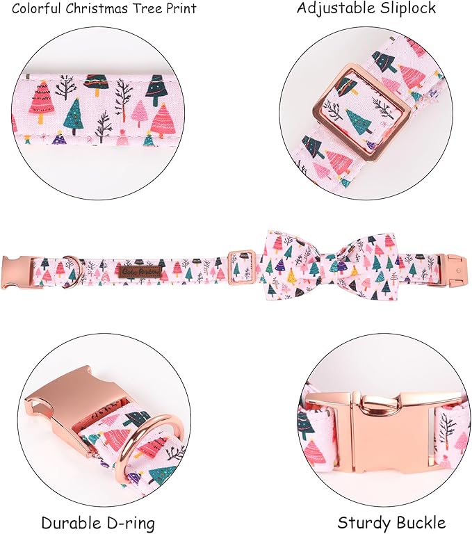 Christmas Dog Collar, Pink Christmas Tree Soft Comfortable Collars with Bow Adjustable Pet Collar with Premium Metal Buckle Dog Necklace for Medium Girl Dogs