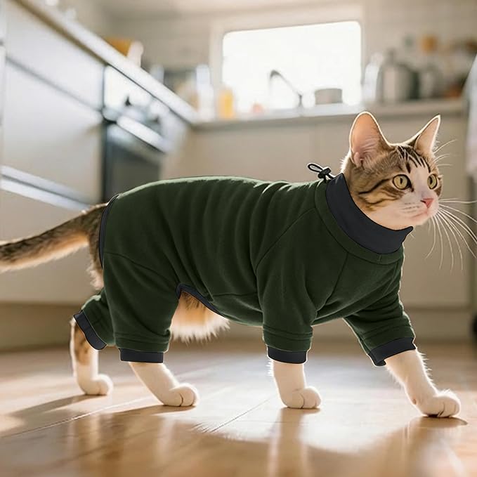 PUMYPOREITY Sticky Hair Cat Clothes, Prevent Hair Loss Cat Pajamas, Soft Cat Sweaters for Cats Only, Cat Hair Sticky Onesie, Cat Recovery Suit After Surgery, Green, L