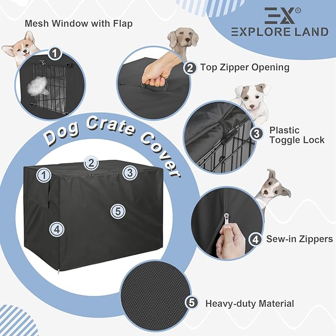 Explore Land Dog Crate Cover Heavy Duty Polyester Pet Kennel Sunshade Universal Fit for 30 inches Wire Cage (Black)
