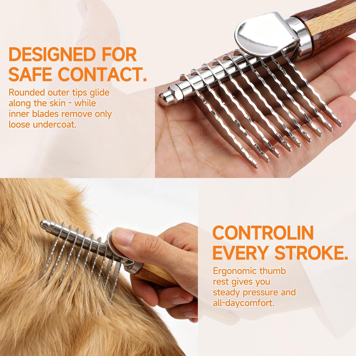 Pet Dematting Comb with Bamboo Handle, Dog Cat Grooming Brush for Removing Mats, Knots, Tangles & Loose Fur, Stainless Steel Undercoat Rake for Long & Short Haired Pets