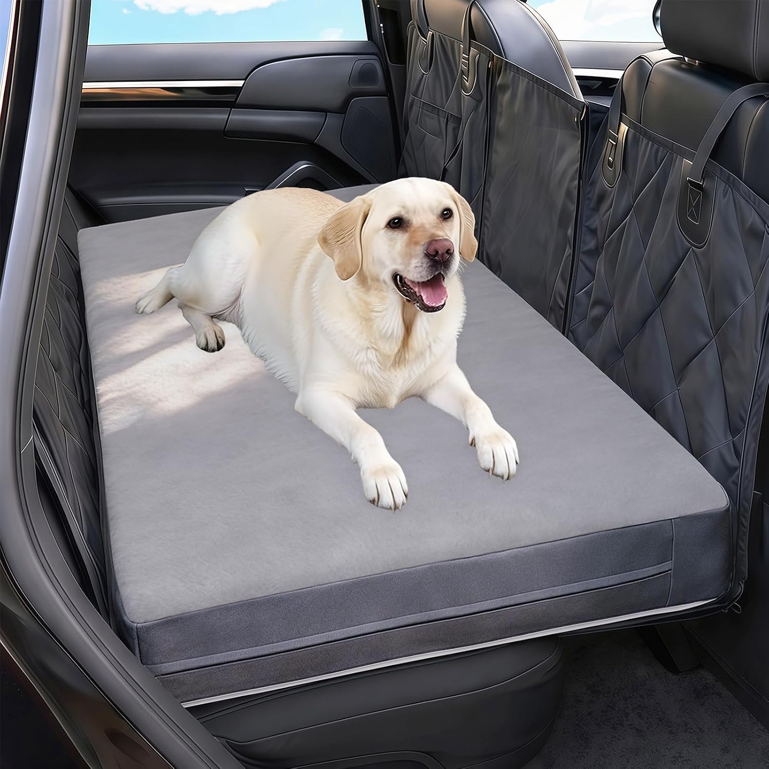 Backseat Dog Bed, Dog Bed for Car Back Seat, 4in Orthopedic Egg Crate Foam Pet Bed with Reversible Plush & Faux Leather for Backseat Extender – Waterproof, Stable Fit, Washable (51"x23.5", Gray)