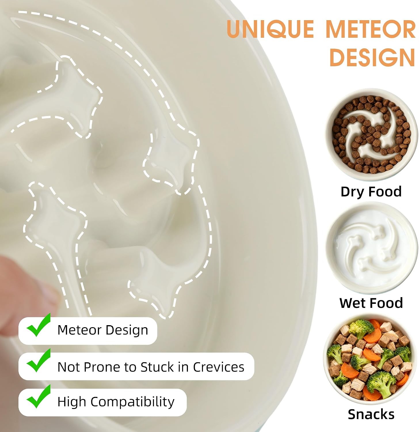 Ceramic Slow Feeder Dog Bowls Small Breed, 0.6 Cups, 6.4 Inch Beige | Raised maze design slows fast eating for small dogs, puppies and cats; heavy ceramic, non-slip and dishwasher safe.