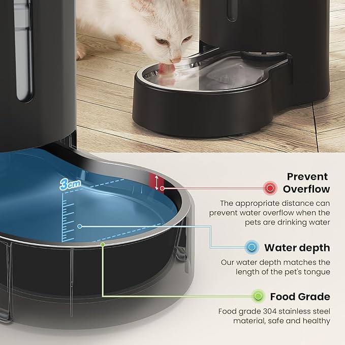 CZPET Dog Water Bowl Dispenser, 8L Automatic Dog and Cat Water Dispenser with Stainless Steel Bowl, Gravity Waterer, Large Capacity, and Quiet Drinking Area for Pets (8L,Black)