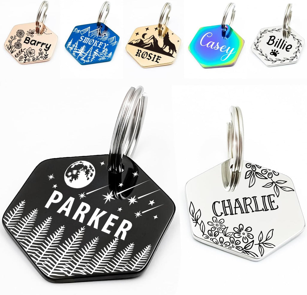 Personalized Pet ID Tags,Custom Stainless Steel Dog and Cat Tags (Hexagon) | Customizable Hexagon, Bone and Round Shapes, Multiple Designs with Mountain, Floral, and Night Sky Patterns,Laser engraving