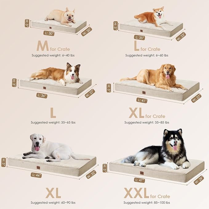EHEYCIGA Waterproof Dog Bed Orthopedic 35"x23", Memory Foam Pet Bed for Larged Size Dogs, Washable Pet Mat with Removable Cover, Beige