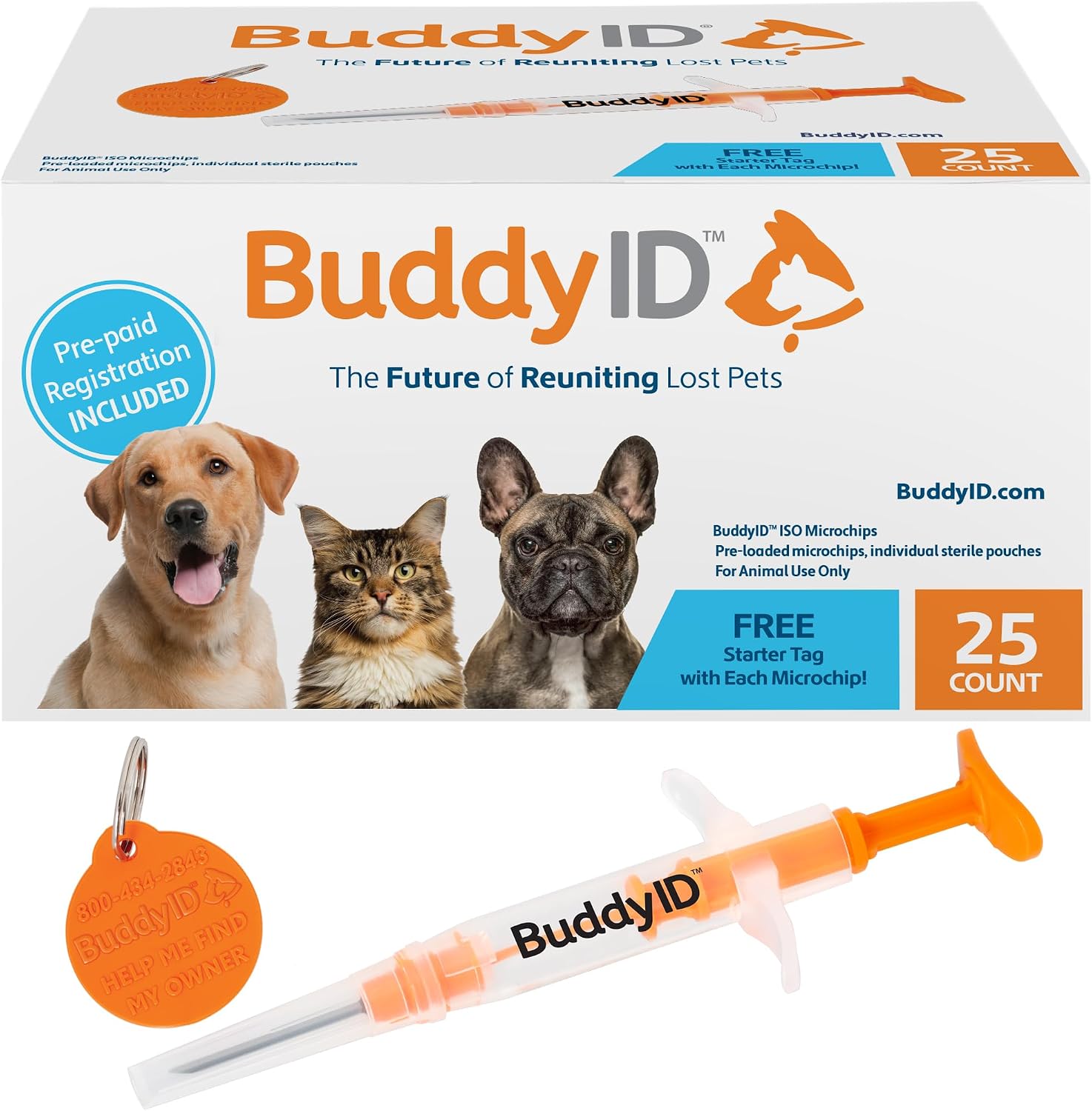 BuddyID ISO Pet Mini Microchip with Pre-Paid Lifetime Registration and Starter Tag, Universally Scannable, Sterile Syringe, Anti-Migration Coating, Parylene Sealer, for Dogs, Cats, Animals, 25-Count