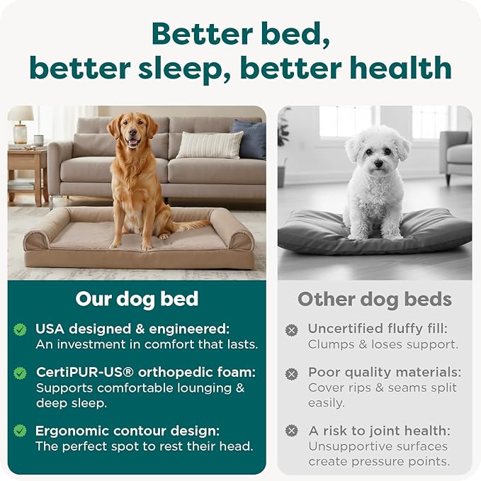 Furhaven Orthopedic Dog Bed for Large Dogs w/ Removable Bolsters & Washable Cover, For Dogs Up to 95 lbs - Luxe Faux Fur & Performance Linen Sofa - Woodsmoke, Jumbo/XL