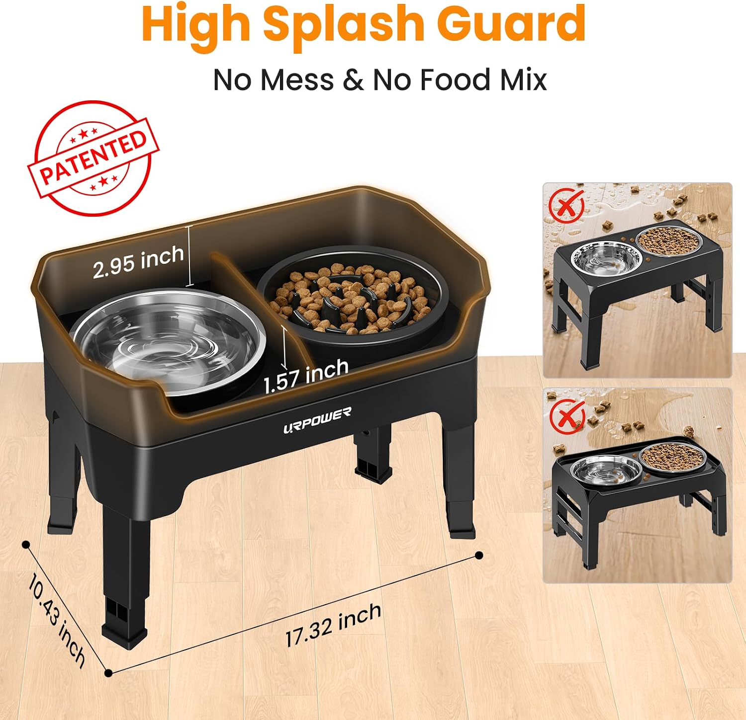 URPOWER Mess Proof Elevated Dog Bowls Double Deck Slow Feeder | No Spill Water Bowl, Slow Feeder Dog Bowls, Non-Slip Food and Water Bowl Set for Small, Medium & Large Dogs