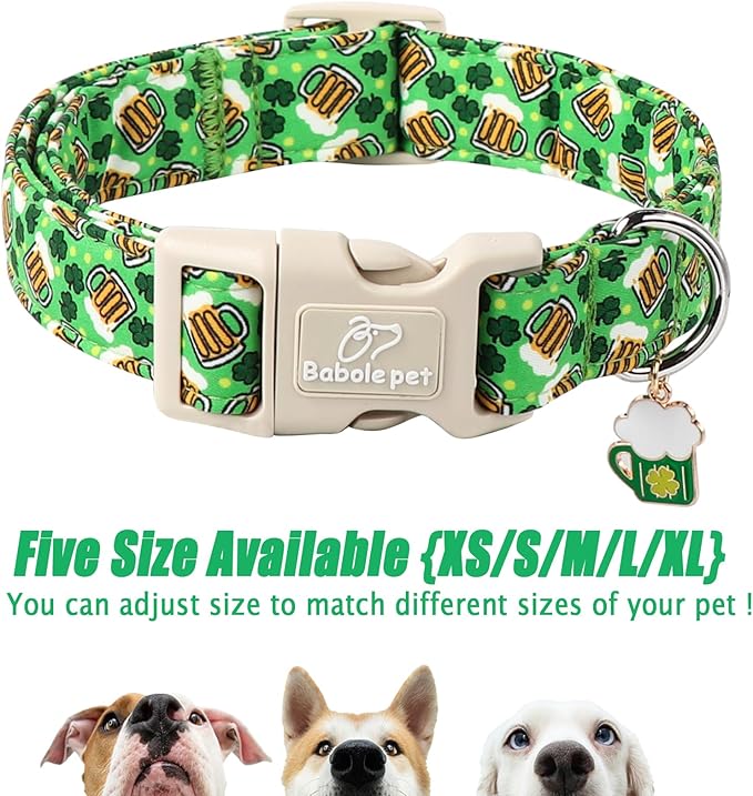 St Patricks Day Dog Collar for Large Dogs - Green Beer Shamrock Dog Collars for Boys&Girls Dogs, Adjustable Irish Clover Puppy Collar with Quick Release Buckle L