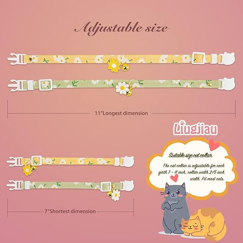 2 Pack Cotton Breakaway Cat Collar with Bell Yellow&Green Flowers Pendant Cute Kitten Cat Collar Suitable for Girls and Boys