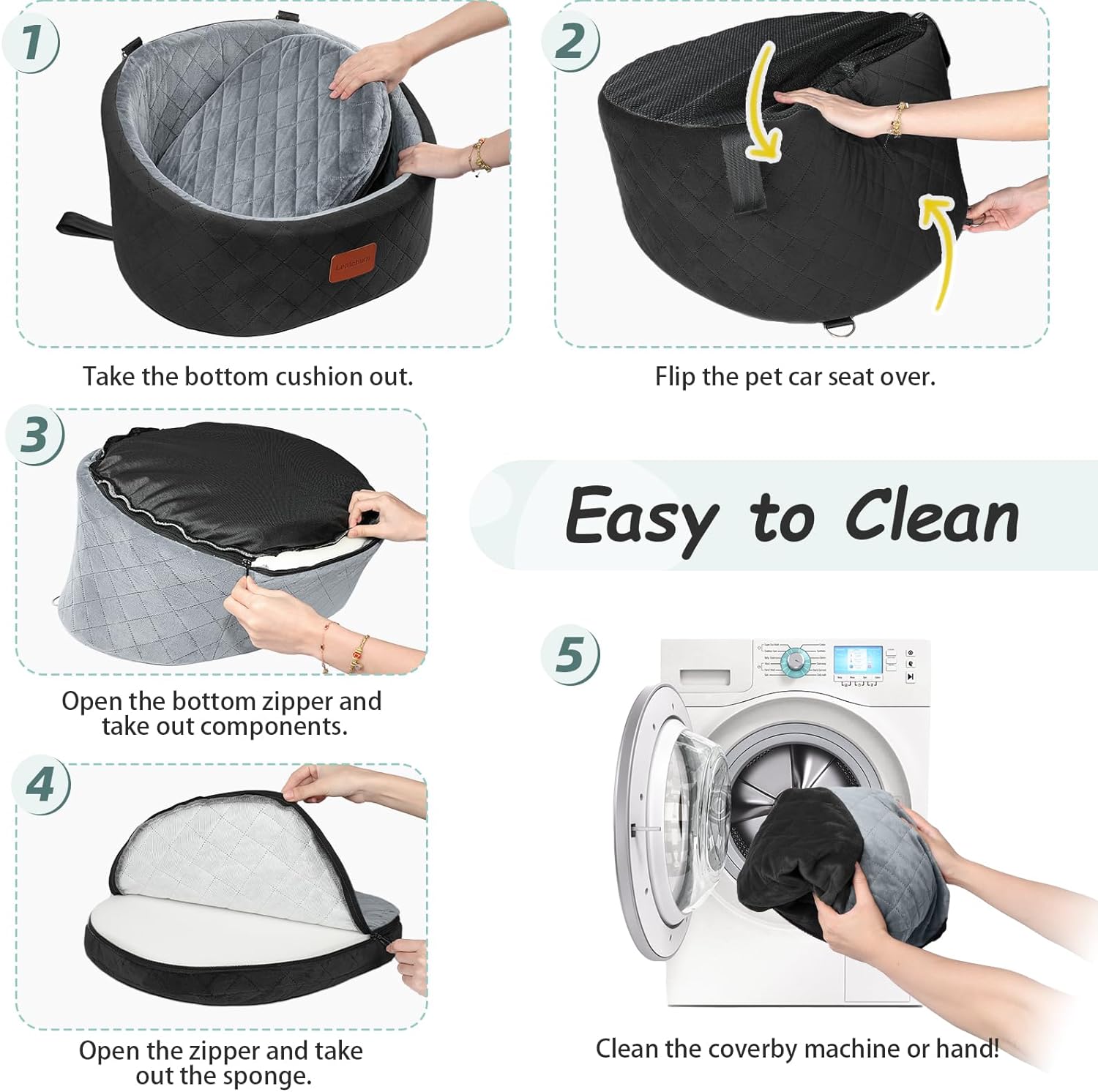 Lealchum Dog Car Seat for Small Dogs Up to 30 Lbs,Ultra Soft Fabric Fill in Comfy Memory Foam,Happy Pet Ride,2 Safety Dog Leashes,Fully Detachable and Washable,Anti Slip Base(Black/Grey)