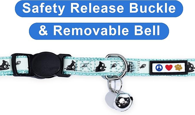 Pawtitas Glow in The Dark Cat Collar with Breakaway Safety Buckle & Bell Adjustable Kitten Collar, Set of 2 GID Teal/Black