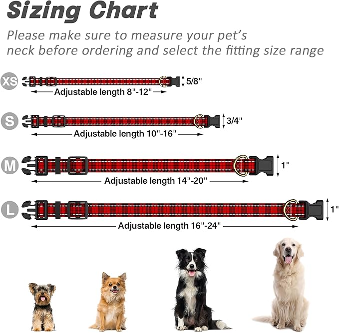 Reflective Dog Collar for Large Dogs, Cute Boho Adjustable Heavy-Duty Nylon Puppy Collar for Boy and Girl Female, Soft Pet Accessories with Quick Release Buckle, Black Red Tartan
