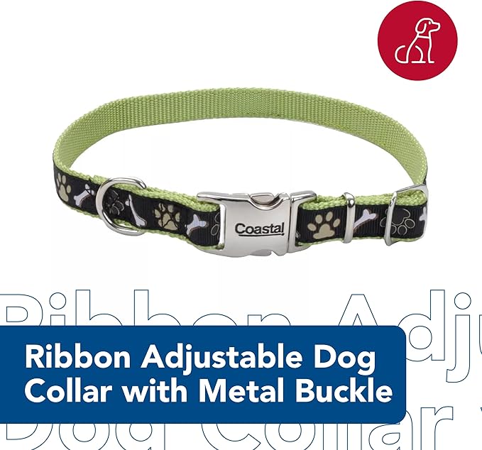 Coastal Pet - Ribbon - Adjustable Dog Collar with Metal Buckle, Brown Paws and Bones, 1" x 18"-26"