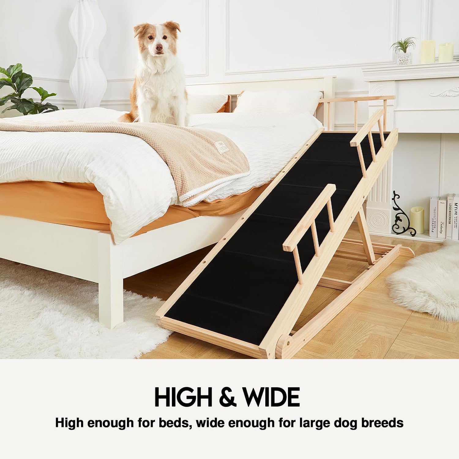 Woohoo Dog Ramp for Bed, 31" Adjustable Wood Ramp with Safety Rails | non-slip Rubber Surface, 59" Long 16" Wide, Adjustable from 15" to 31", Foldable, for Small Dogs under 50lbs