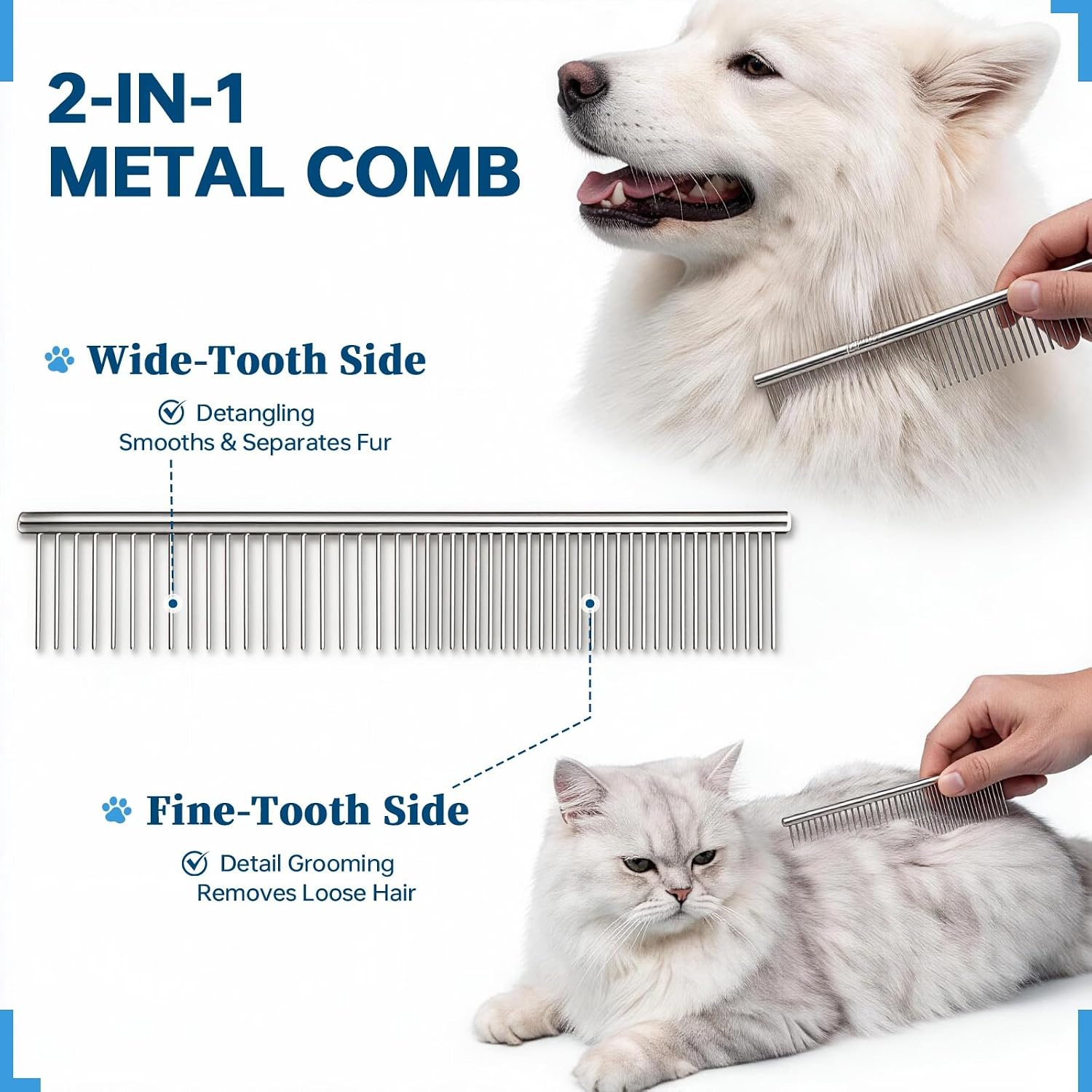 Pet Grooming Comb Set, Double-Sided Dematting Comb & Deshedding Brush with 2-in-1 Metal Comb for Dogs & Cats, Undercoat Rake for Heavy Shedding, Detangling Long Hair & Thick Coats, Blue
