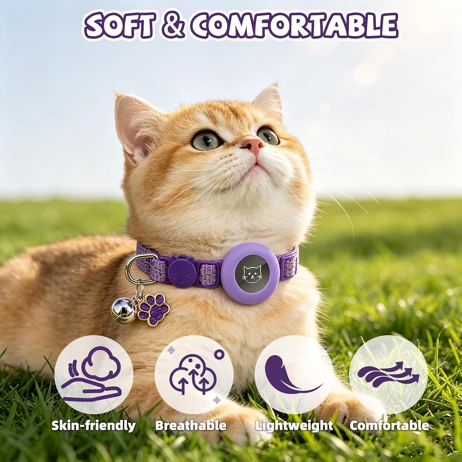 PUPTECK AirTag Cat Collar Breakaway with Bells, Adjustable Kitten Collar | Outfit for Girl Boy Small Pet Puppy Bunny, Cute Costume Accessory with Safety Release Buckle, (Airtag-Orange&Purple)
